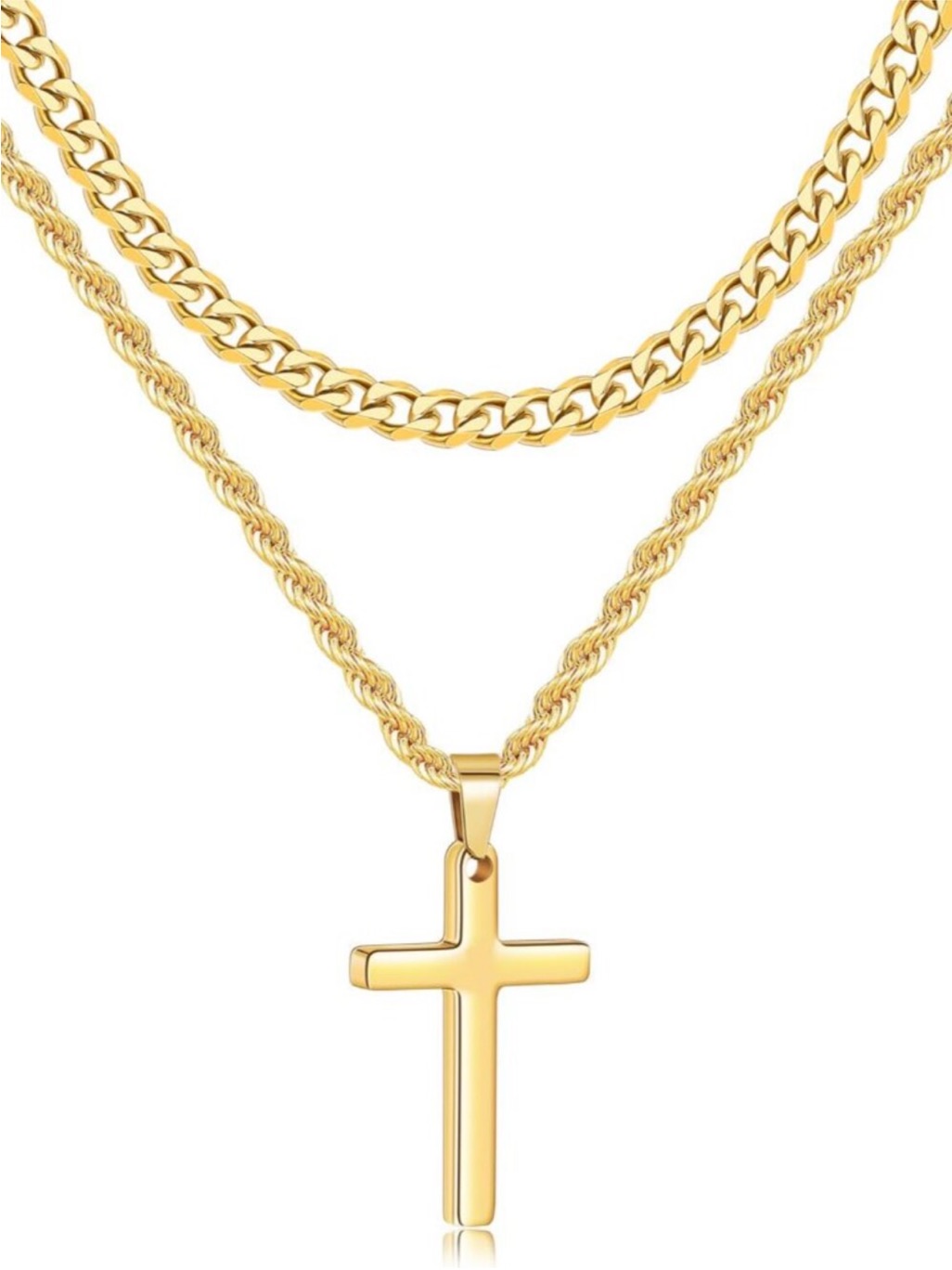 2 Pcs 24k Gold Plated Cross Necklace Chain Layered Mens Cross Necklace New